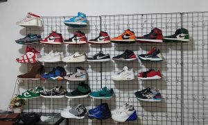 Grid wall holds multiple sneakers