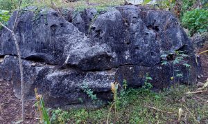 Rugged, moss-covered stone rests in wild, green terrain