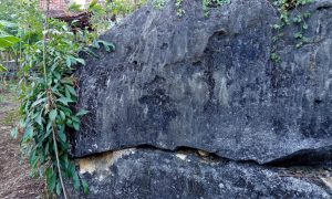 Rugged dark rock stands tall, weathered and ancient