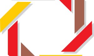 Abstract geometric shape with red, yellow, and brown segments