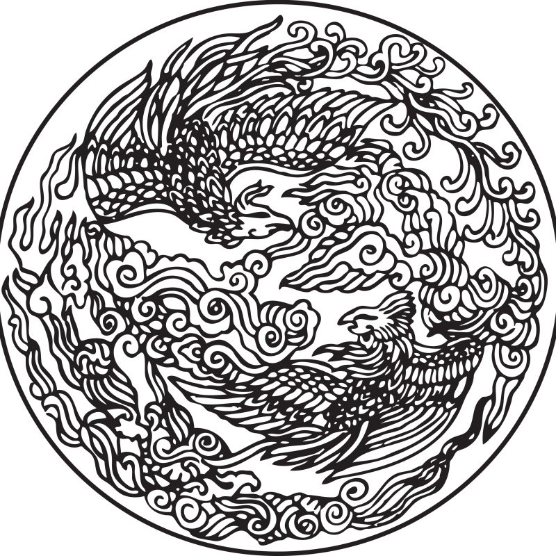 Traditional Chinese Phoenix Design with Clouds and Flames