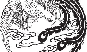 Mythical Phoenix Bird Illustration - Yin Yang Symbol, Cloud Swirls