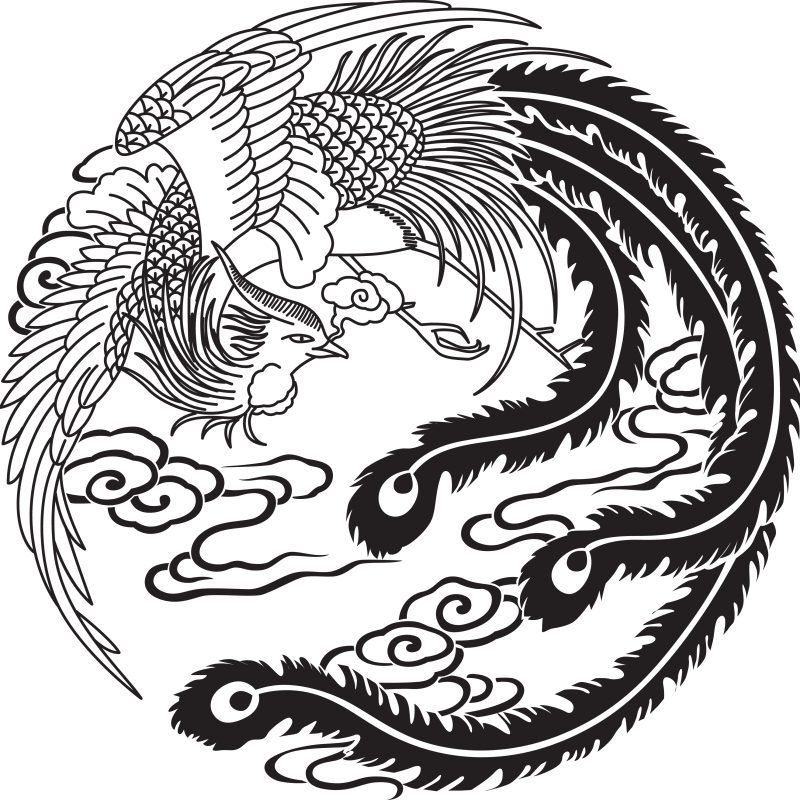 Mythical Phoenix Bird Illustration - Yin Yang Symbol, Cloud Swirls