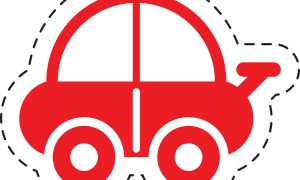 Red cartoon car sticker, simple icon, isolated on white background Red cartoon car sticker, simple icon, isolated on white background