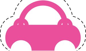 Pink toy car icon with dotted outline, simple cartoon style, isolated on white