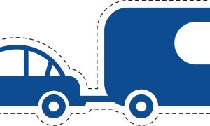 Blue Car Towing a Caravan Icon on White Background Blue Car Towing a Caravan Icon on White Background