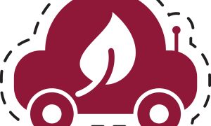 Eco Car Icon: Green Leaf Symbol on Red Vehicle Silhouette, Cutout Design Eco Car Icon: Green Leaf Symbol on Red Vehicle Silhouette, Cutout Design