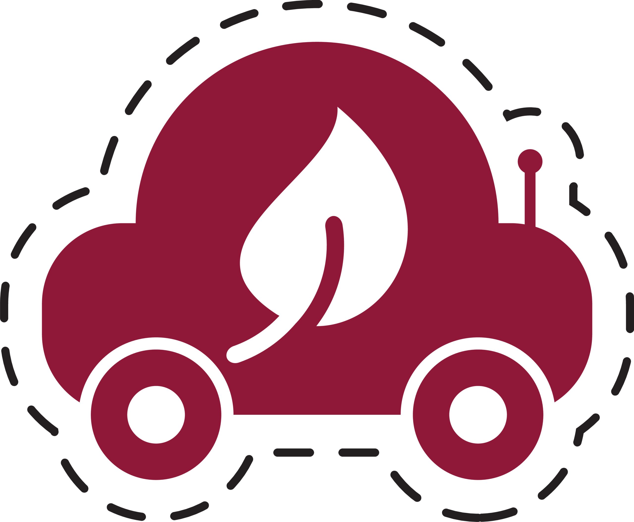 Eco Car Icon: Green Leaf Symbol on Red Vehicle Silhouette, Cutout Design