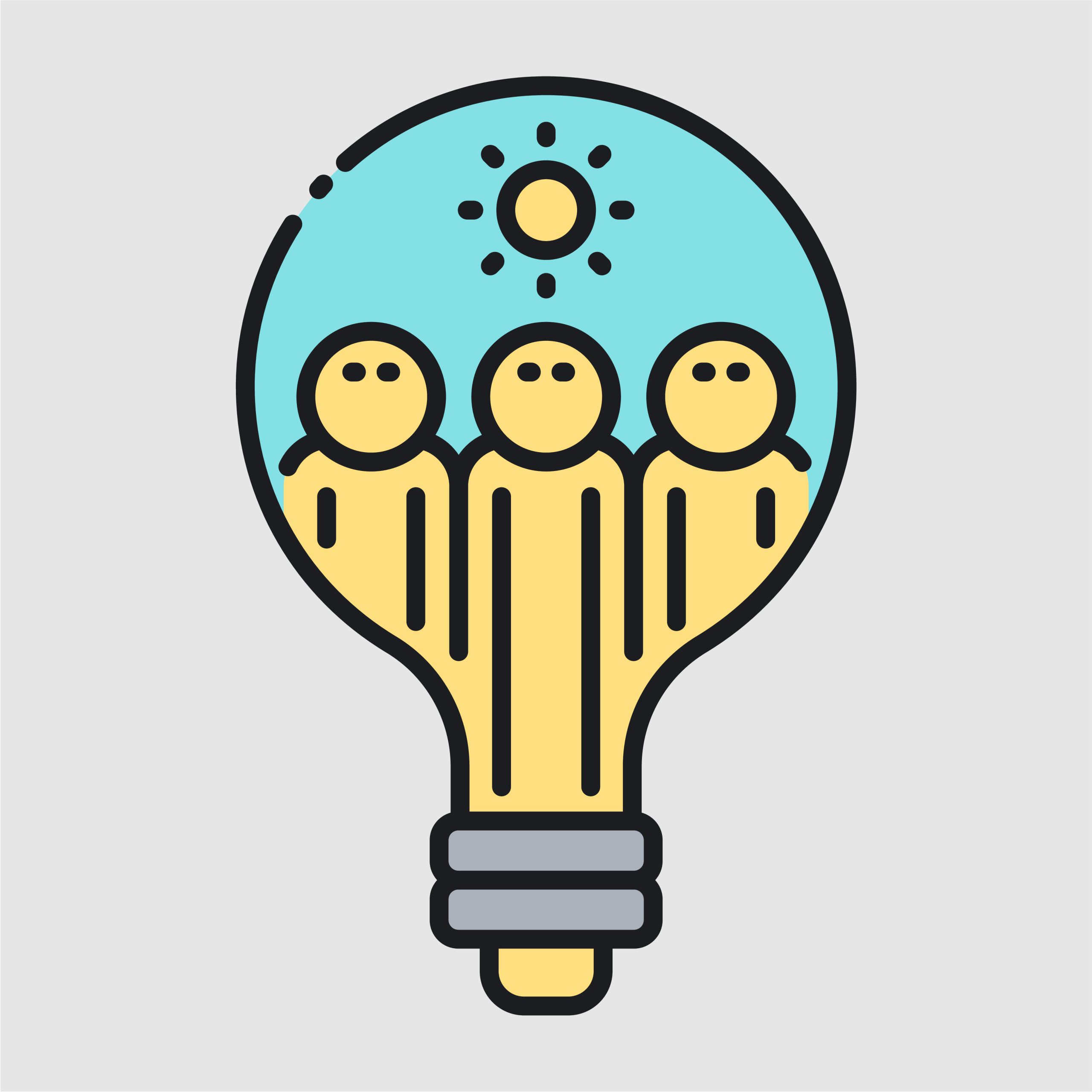 Teamwork Idea Lightbulb Concept: People Silhouette and Sun 1 Brainstorming icon